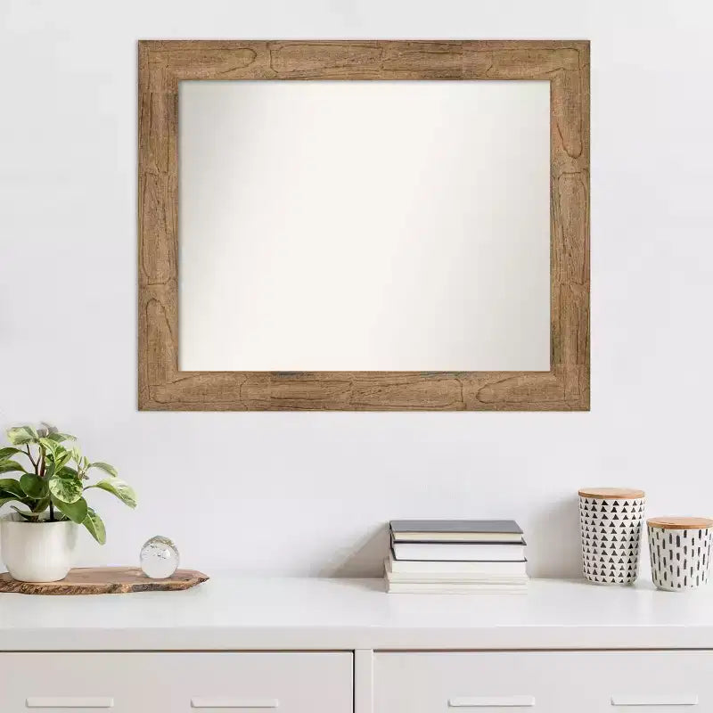 Miroir mural hibou rectangulaire moderne en bois brun non biseauté 34 po x 28 po