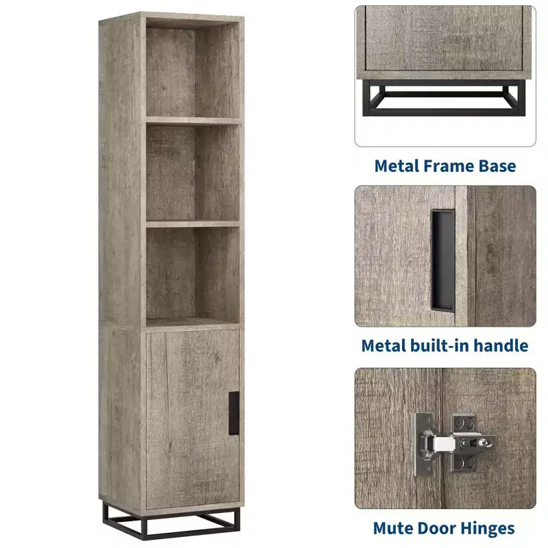 Meuble de rangement haut de 178 cm avec base en métal et étagères réglables, armoire de rangement ouverte et autoportante pour salle de bain, salon