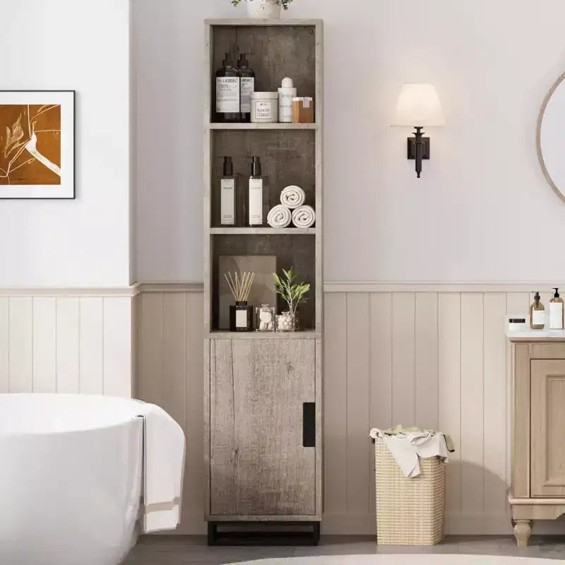 Meuble de rangement haut de 178 cm avec base en métal et étagères réglables, armoire de rangement ouverte et autoportante pour salle de bain, salon