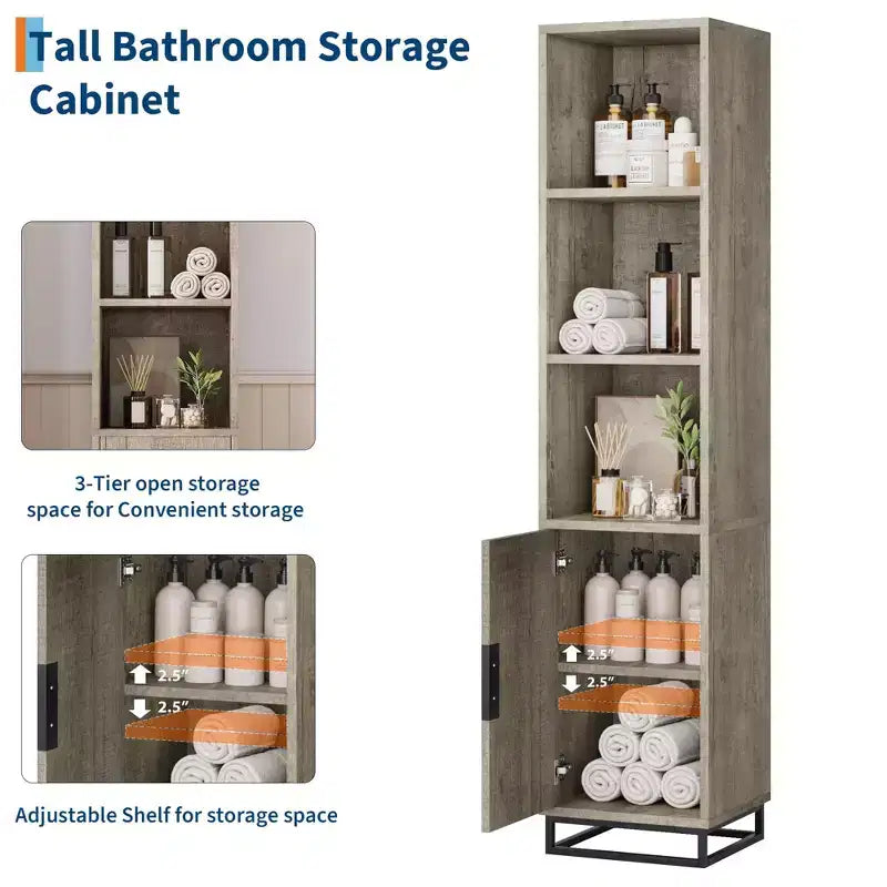 Meuble de rangement haut de 178 cm avec base en métal et étagères réglables, armoire de rangement ouverte et autoportante pour salle de bain, salon