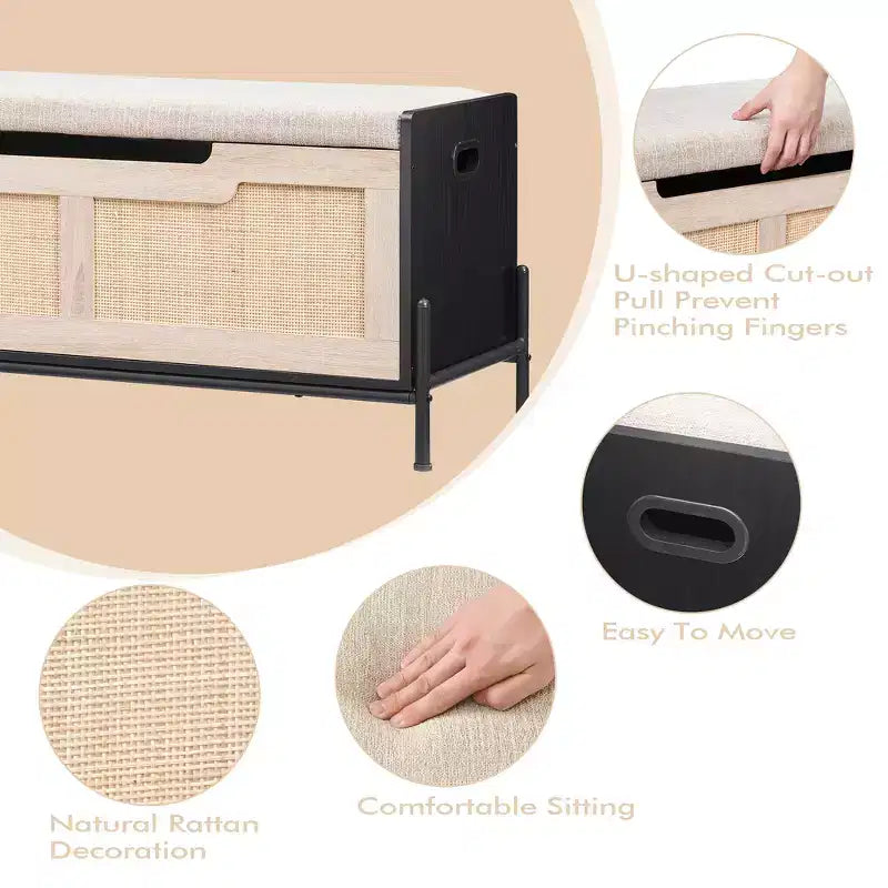 Banc de rangement en rotin avec coussin, coffre à jouets avec 2 charnières de sécurité, coffre à jouets de 100 cm pour chambre, banc de rangement avec espace de rangement, banc à chaussures, pour salon