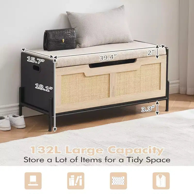Banc de rangement en rotin avec coussin, coffre à jouets avec 2 charnières de sécurité, coffre à jouets de 100 cm pour chambre, banc de rangement avec espace de rangement, banc à chaussures, pour salon