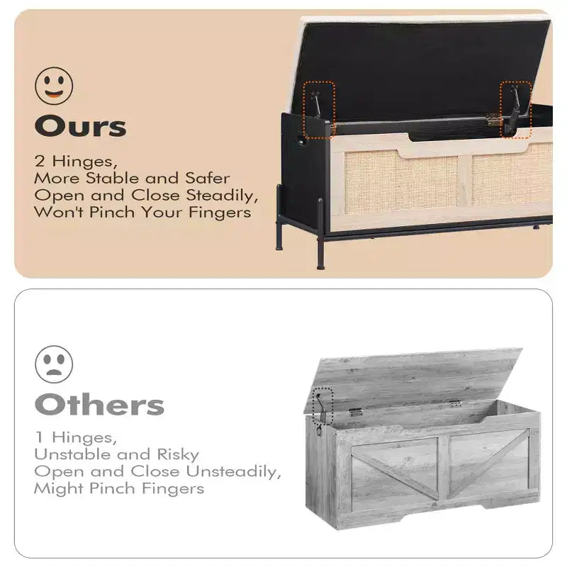 Banc de rangement en rotin avec coussin, coffre à jouets avec 2 charnières de sécurité, coffre à jouets de 100 cm pour chambre, banc de rangement avec espace de rangement, banc à chaussures, pour salon