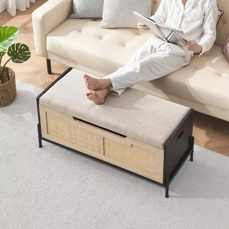 Banc de rangement en rotin avec coussin, coffre à jouets avec 2 charnières de sécurité, coffre à jouets de 100 cm pour chambre, banc de rangement avec espace de rangement, banc à chaussures, pour salon