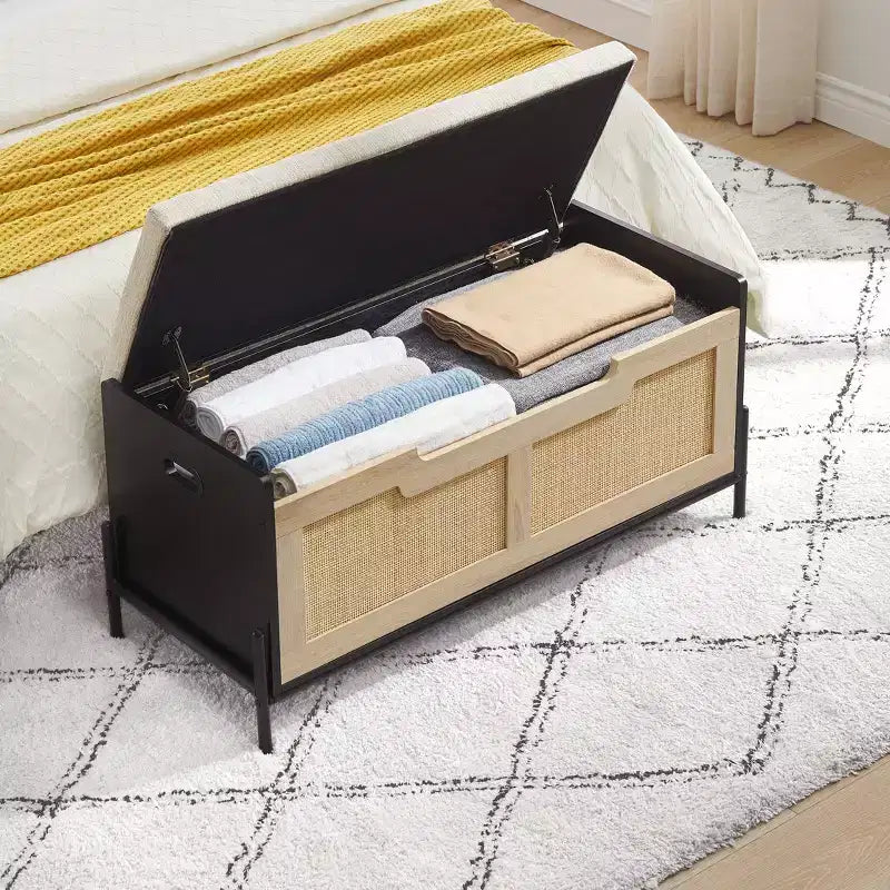 Banc de rangement en rotin avec coussin, coffre à jouets avec 2 charnières de sécurité, coffre à jouets de 100 cm pour chambre, banc de rangement avec espace de rangement, banc à chaussures, pour salon