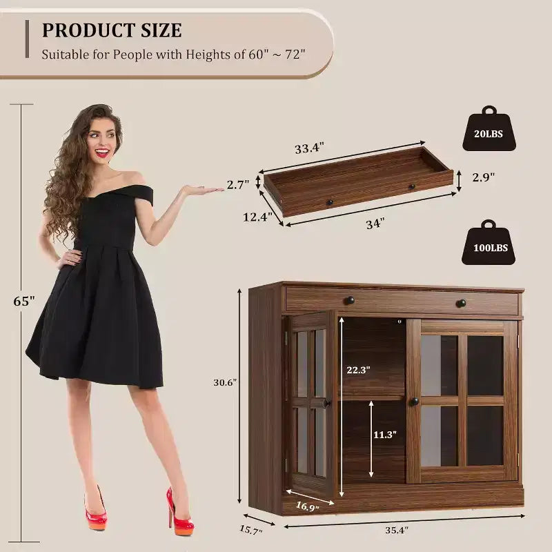 Meuble de rangement de cuisine, buffet à 2 portes vitrées, tiroirs de rangement latéraux avec étagères réglables pour salle à manger, cuisine, entrée