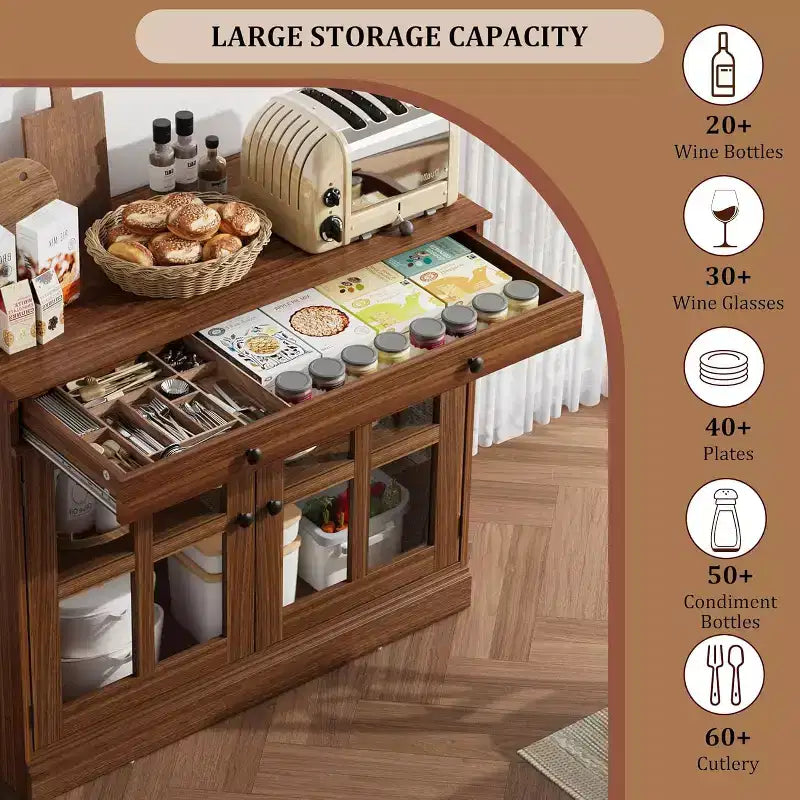 Meuble de rangement de cuisine, buffet à 2 portes vitrées, tiroirs de rangement latéraux avec étagères réglables pour salle à manger, cuisine, entrée