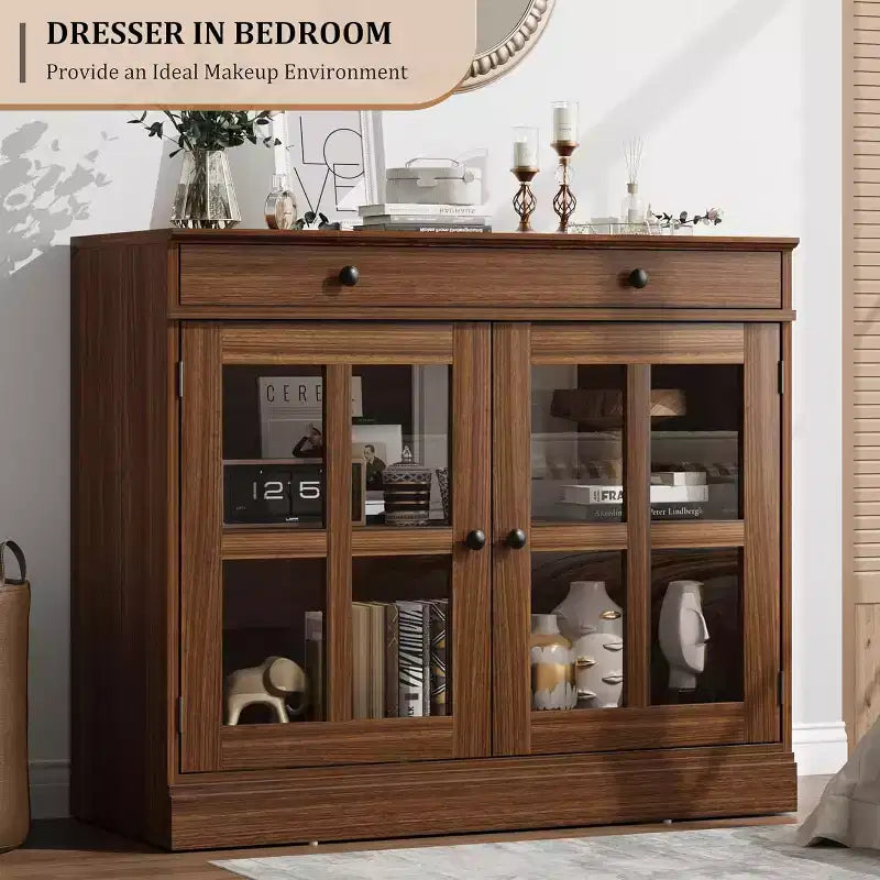 Meuble de rangement de cuisine, buffet à 2 portes vitrées, tiroirs de rangement latéraux avec étagères réglables pour salle à manger, cuisine, entrée