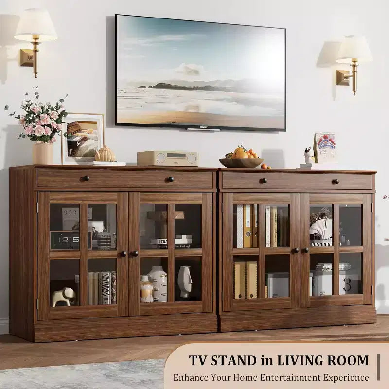 Meuble de rangement de cuisine, buffet à 2 portes vitrées, tiroirs de rangement latéraux avec étagères réglables pour salle à manger, cuisine, entrée