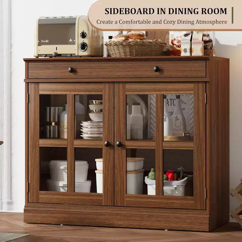 Meuble de rangement de cuisine, buffet à 2 portes vitrées, tiroirs de rangement latéraux avec étagères réglables pour salle à manger, cuisine, entrée