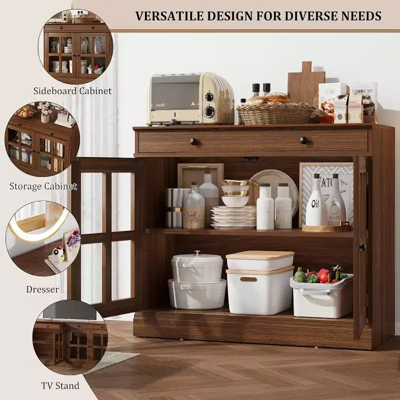 Meuble de rangement de cuisine, buffet à 2 portes vitrées, tiroirs de rangement latéraux avec étagères réglables pour salle à manger, cuisine, entrée