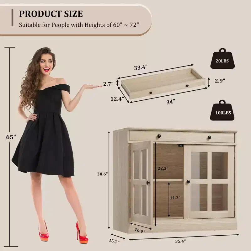 Meuble de rangement de cuisine, buffet à 2 portes vitrées, tiroirs de rangement latéraux avec étagères réglables pour salle à manger, cuisine, entrée