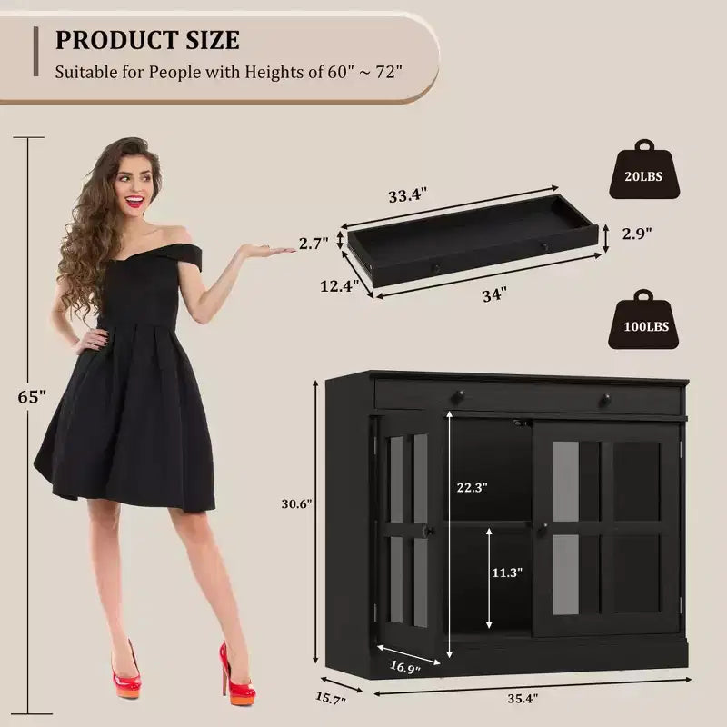 Meuble de rangement de cuisine, buffet à 2 portes vitrées, tiroirs de rangement latéraux avec étagères réglables pour salle à manger, cuisine, entrée