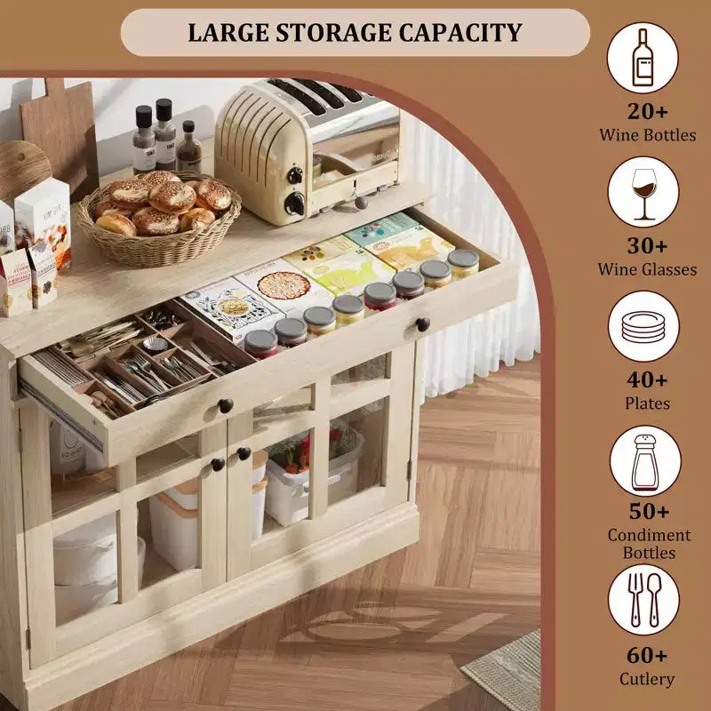 Meuble de rangement de cuisine, buffet à 2 portes vitrées, tiroirs de rangement latéraux avec étagères réglables pour salle à manger, cuisine, entrée