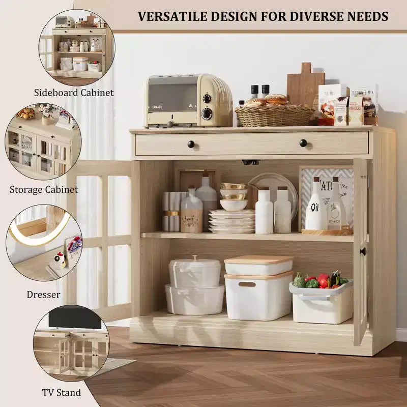 Meuble de rangement de cuisine, buffet à 2 portes vitrées, tiroirs de rangement latéraux avec étagères réglables pour salle à manger, cuisine, entrée