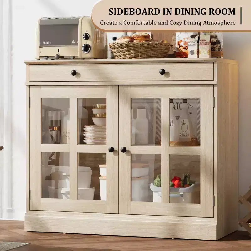 Meuble de rangement de cuisine, buffet à 2 portes vitrées, tiroirs de rangement latéraux avec étagères réglables pour salle à manger, cuisine, entrée
