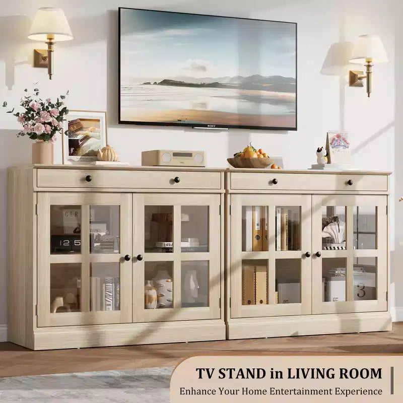 Meuble de rangement de cuisine, buffet à 2 portes vitrées, tiroirs de rangement latéraux avec étagères réglables pour salle à manger, cuisine, entrée