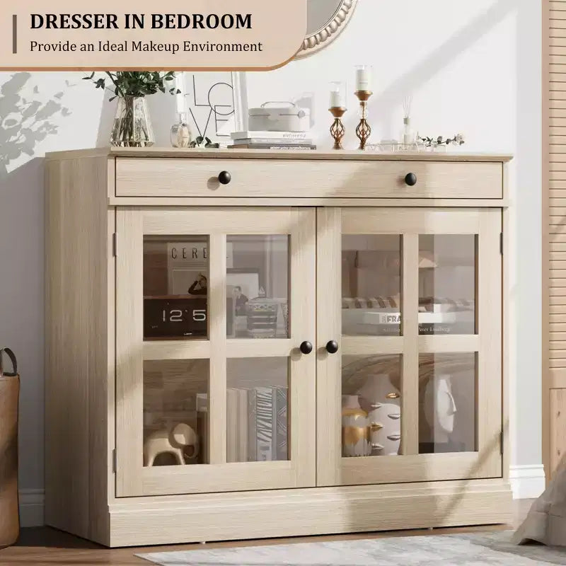 Meuble de rangement de cuisine, buffet à 2 portes vitrées, tiroirs de rangement latéraux avec étagères réglables pour salle à manger, cuisine, entrée