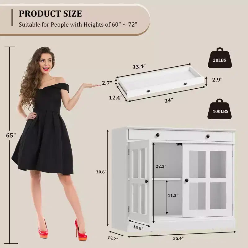 Meuble de rangement de cuisine, buffet à 2 portes vitrées, tiroirs de rangement latéraux avec étagères réglables pour salle à manger, cuisine, entrée