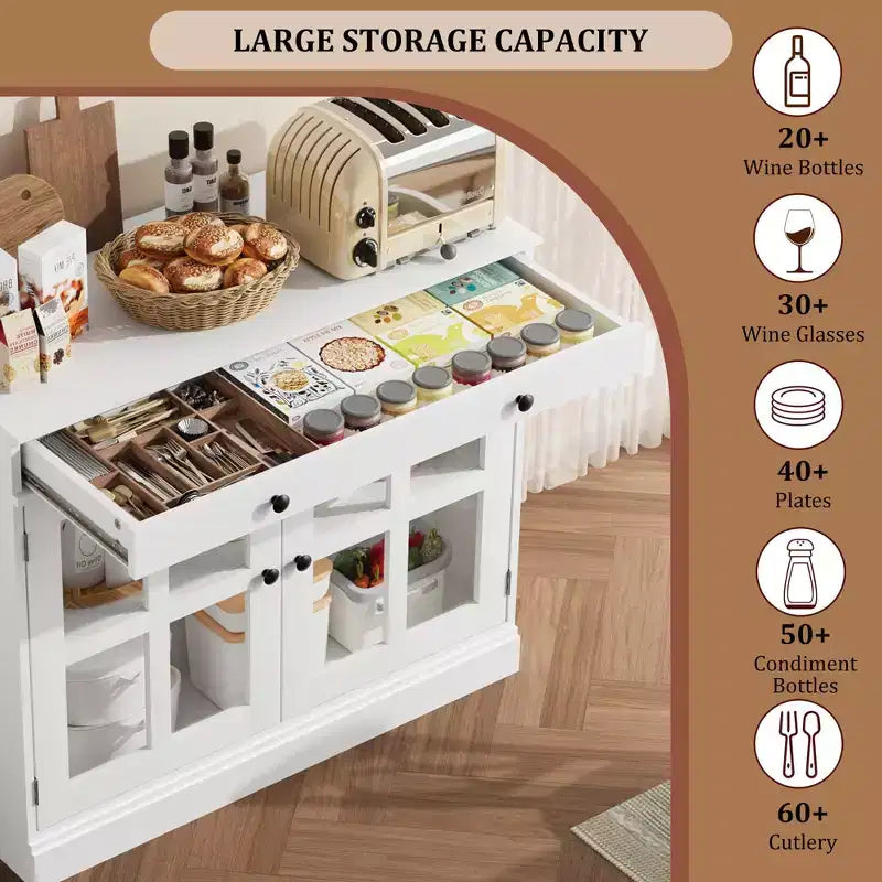 Meuble de rangement de cuisine, buffet à 2 portes vitrées, tiroirs de rangement latéraux avec étagères réglables pour salle à manger, cuisine, entrée