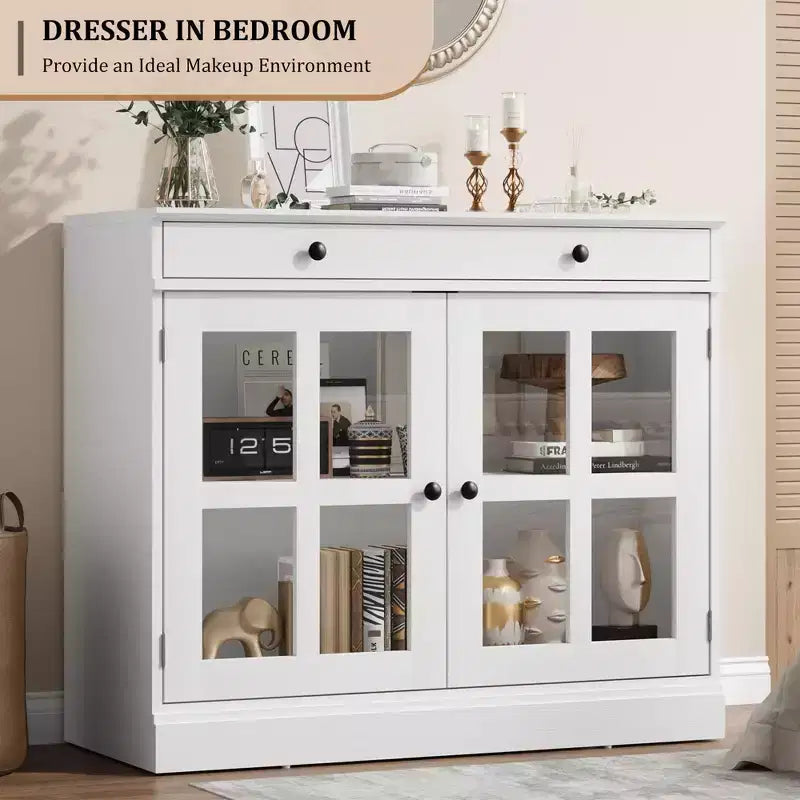 Meuble de rangement de cuisine, buffet à 2 portes vitrées, tiroirs de rangement latéraux avec étagères réglables pour salle à manger, cuisine, entrée
