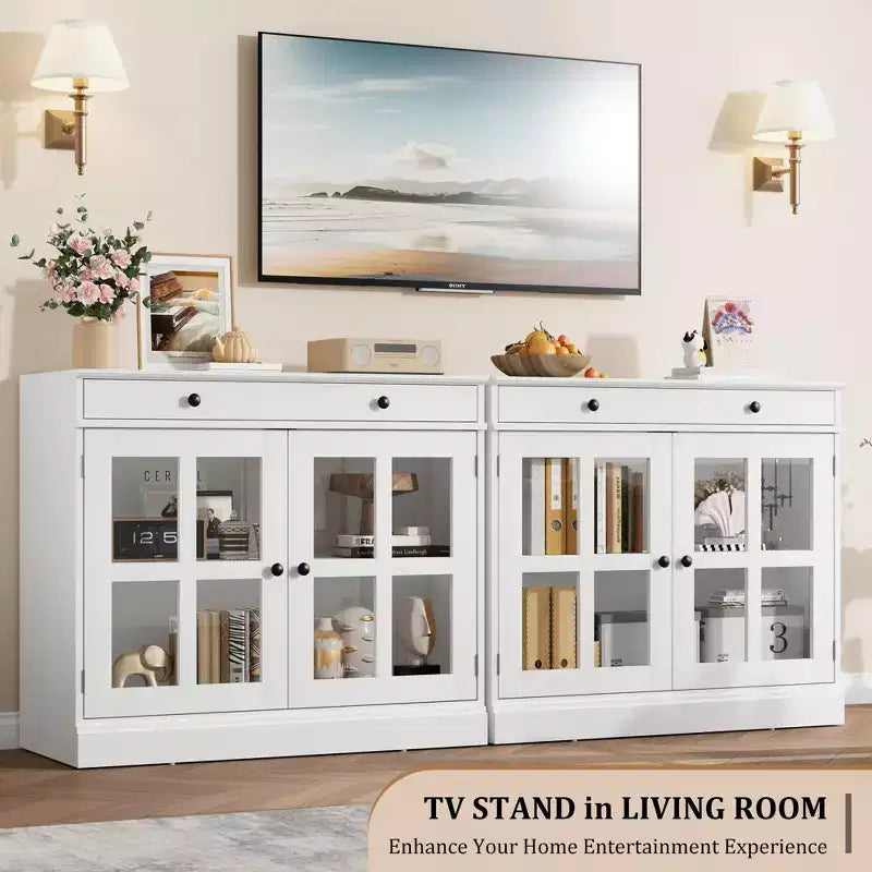 Meuble de rangement de cuisine, buffet à 2 portes vitrées, tiroirs de rangement latéraux avec étagères réglables pour salle à manger, cuisine, entrée