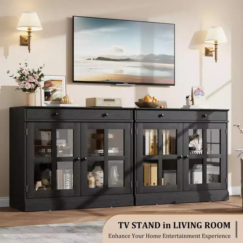 Meuble de rangement de cuisine, buffet à 2 portes vitrées, tiroirs de rangement latéraux avec étagères réglables pour salle à manger, cuisine, entrée