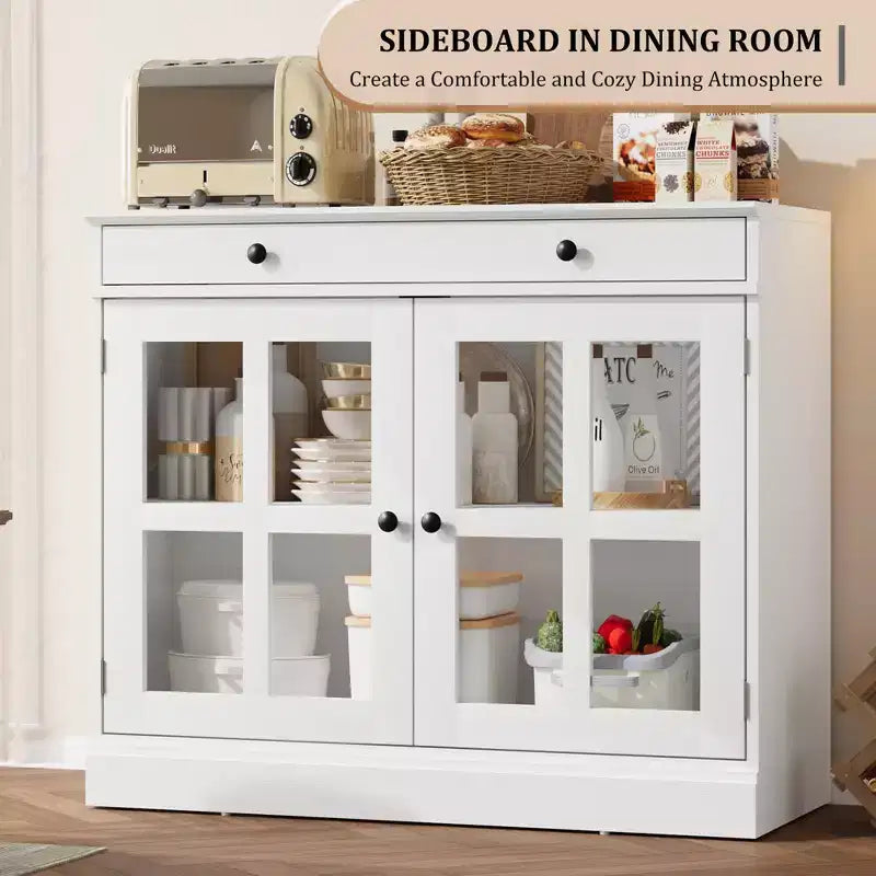 Meuble de rangement de cuisine, buffet à 2 portes vitrées, tiroirs de rangement latéraux avec étagères réglables pour salle à manger, cuisine, entrée