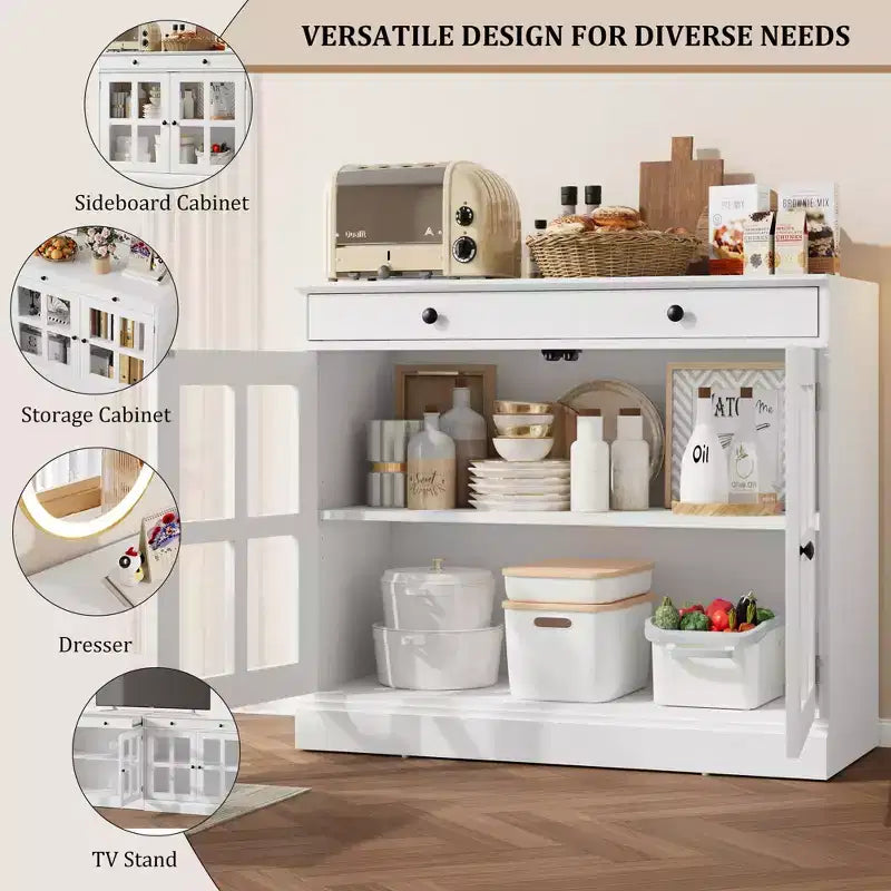 Meuble de rangement de cuisine, buffet à 2 portes vitrées, tiroirs de rangement latéraux avec étagères réglables pour salle à manger, cuisine, entrée