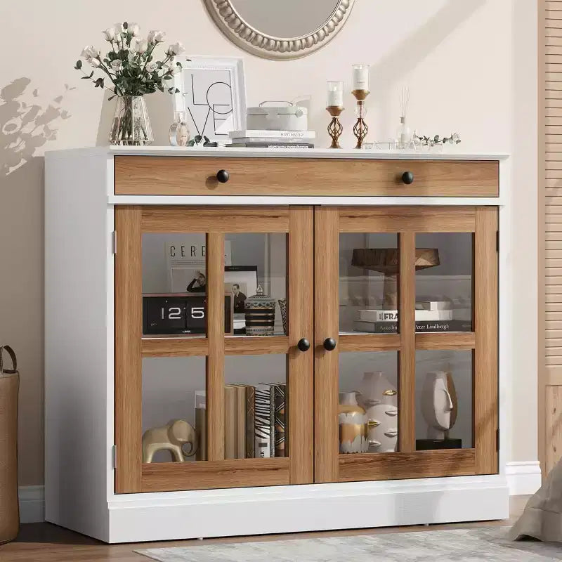 Meuble de rangement de cuisine, buffet à 2 portes vitrées, tiroirs de rangement latéraux avec étagères réglables pour salle à manger, cuisine, entrée
