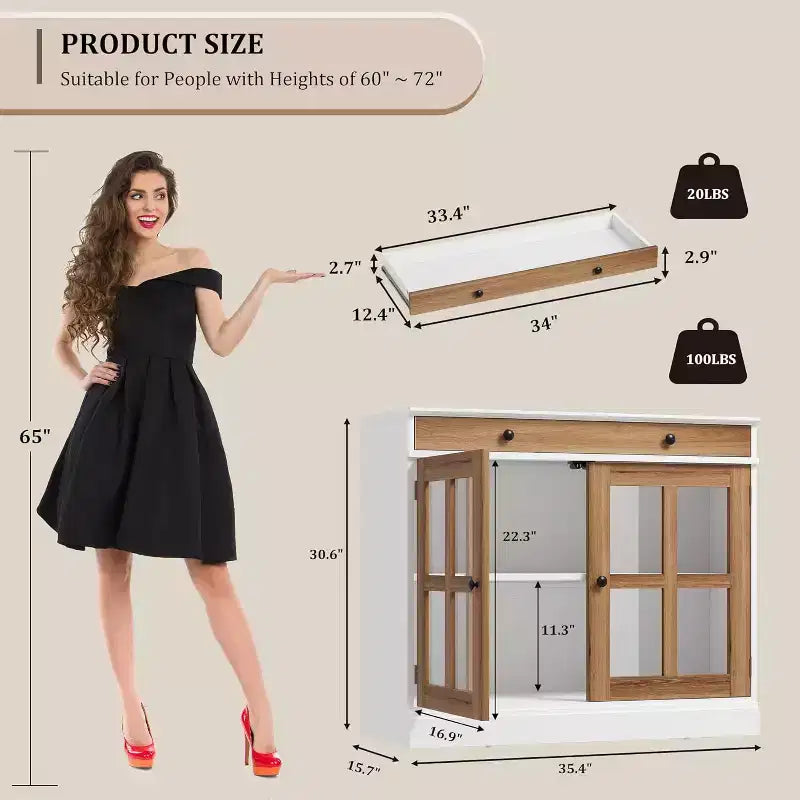 Meuble de rangement de cuisine, buffet à 2 portes vitrées, tiroirs de rangement latéraux avec étagères réglables pour salle à manger, cuisine, entrée