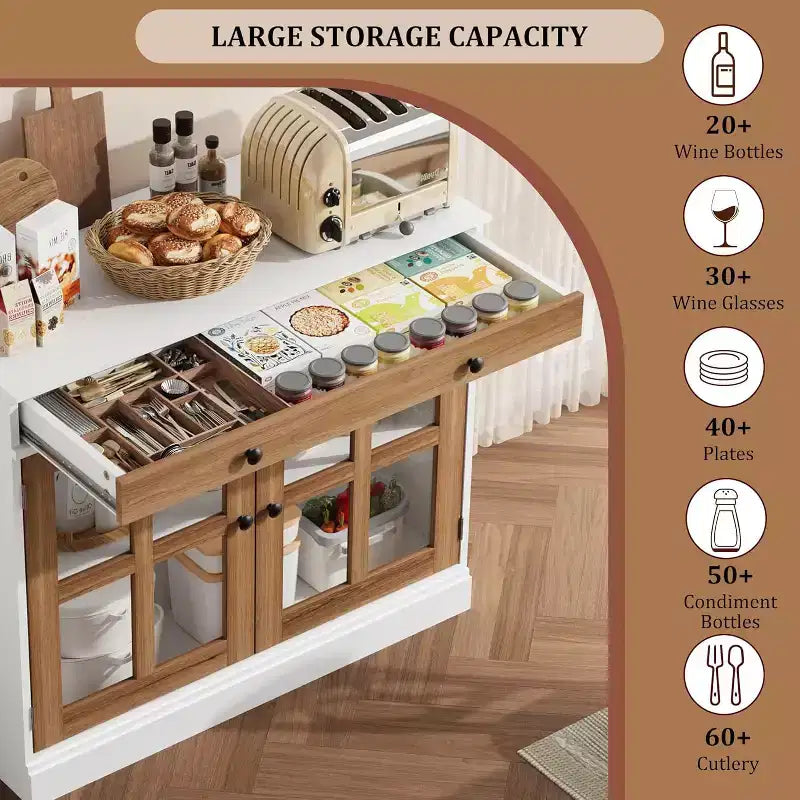 Meuble de rangement de cuisine, buffet à 2 portes vitrées, tiroirs de rangement latéraux avec étagères réglables pour salle à manger, cuisine, entrée