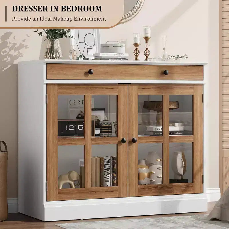 Meuble de rangement de cuisine, buffet à 2 portes vitrées, tiroirs de rangement latéraux avec étagères réglables pour salle à manger, cuisine, entrée