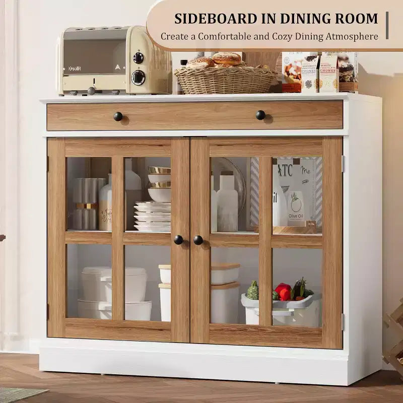 Meuble de rangement de cuisine, buffet à 2 portes vitrées, tiroirs de rangement latéraux avec étagères réglables pour salle à manger, cuisine, entrée