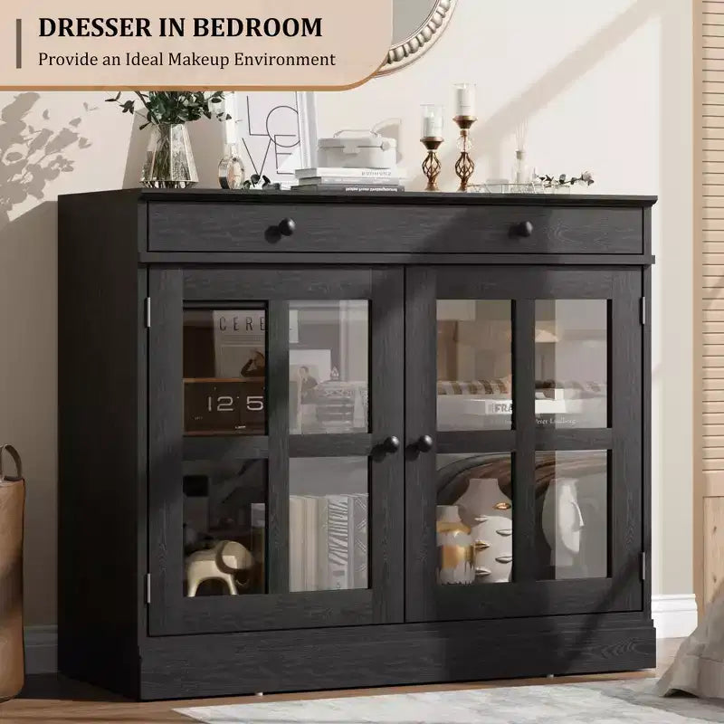 Meuble de rangement de cuisine, buffet à 2 portes vitrées, tiroirs de rangement latéraux avec étagères réglables pour salle à manger, cuisine, entrée