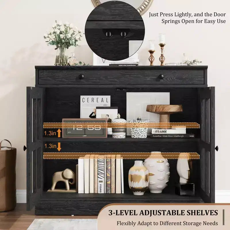 Meuble de rangement de cuisine, buffet à 2 portes vitrées, tiroirs de rangement latéraux avec étagères réglables pour salle à manger, cuisine, entrée
