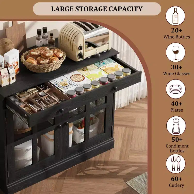 Meuble de rangement de cuisine, buffet à 2 portes vitrées, tiroirs de rangement latéraux avec étagères réglables pour salle à manger, cuisine, entrée