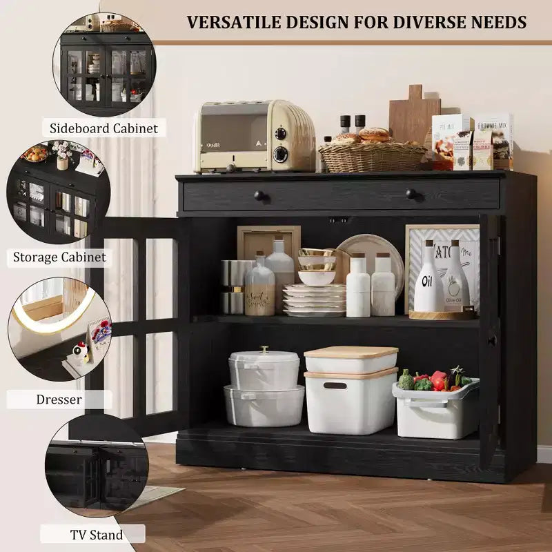 Meuble de rangement de cuisine, buffet à 2 portes vitrées, tiroirs de rangement latéraux avec étagères réglables pour salle à manger, cuisine, entrée