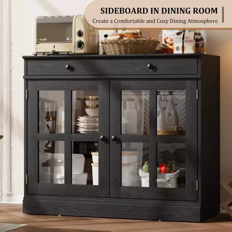Meuble de rangement de cuisine, buffet à 2 portes vitrées, tiroirs de rangement latéraux avec étagères réglables pour salle à manger, cuisine, entrée