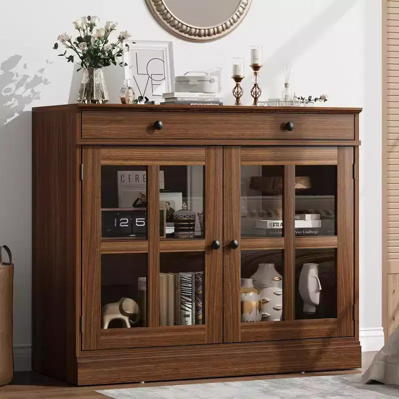Meuble de rangement de cuisine, buffet à 2 portes vitrées, tiroirs de rangement latéraux avec étagères réglables pour salle à manger, cuisine, entrée