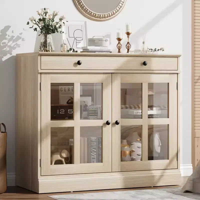 Meuble de rangement de cuisine, buffet à 2 portes vitrées, tiroirs de rangement latéraux avec étagères réglables pour salle à manger, cuisine, entrée