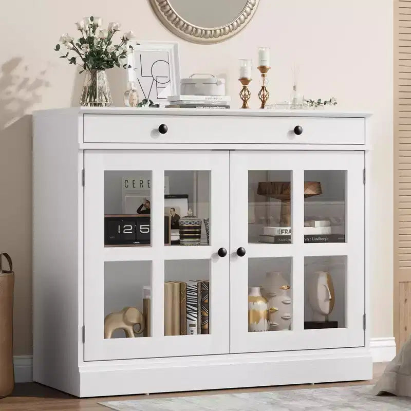 Meuble de rangement de cuisine, buffet à 2 portes vitrées, tiroirs de rangement latéraux avec étagères réglables pour salle à manger, cuisine, entrée