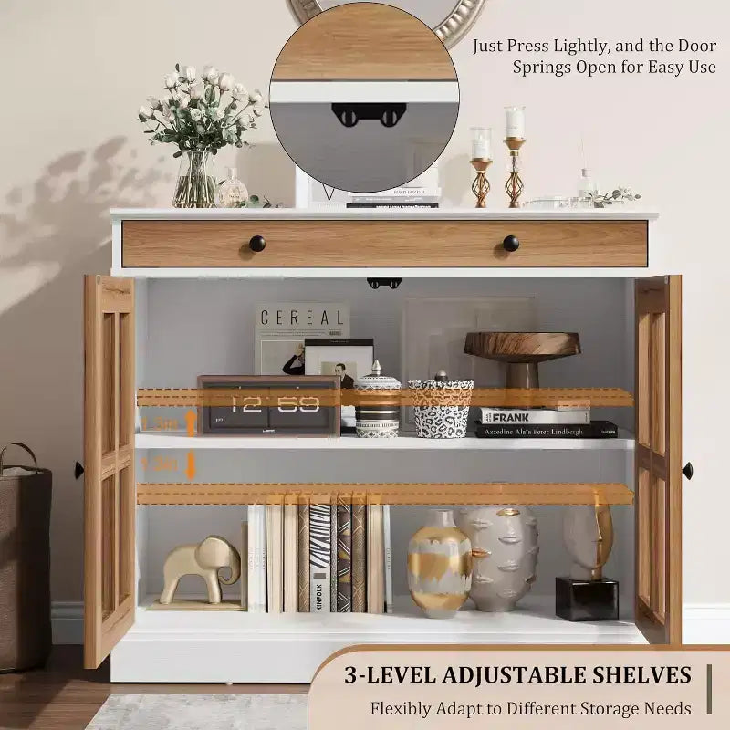 Meuble de rangement de cuisine, buffet à 2 portes vitrées, tiroirs de rangement latéraux avec étagères réglables pour salle à manger, cuisine, entrée