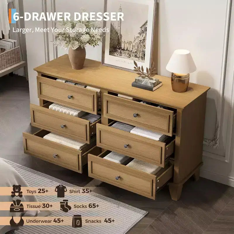 Commode à 6 tiroirs, Meuble de rangement en bois avec poignées métalliques, Commode large moderne et Meuble TV, pour Chambre à coucher, Salon, Entrée