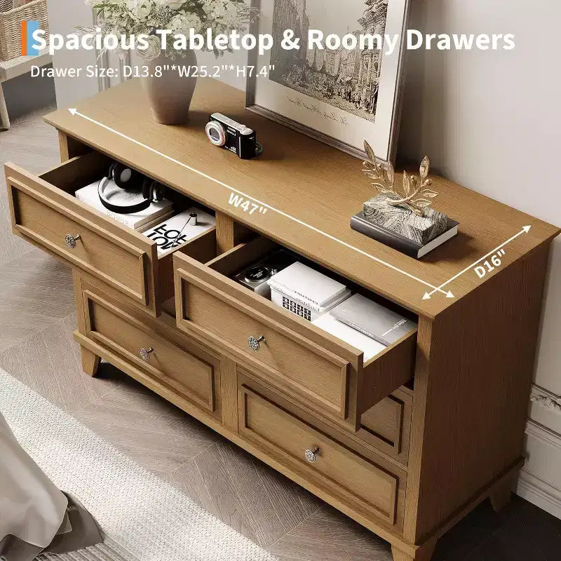 Commode à 6 tiroirs, Meuble de rangement en bois avec poignées métalliques, Commode large moderne et Meuble TV, pour Chambre à coucher, Salon, Entrée