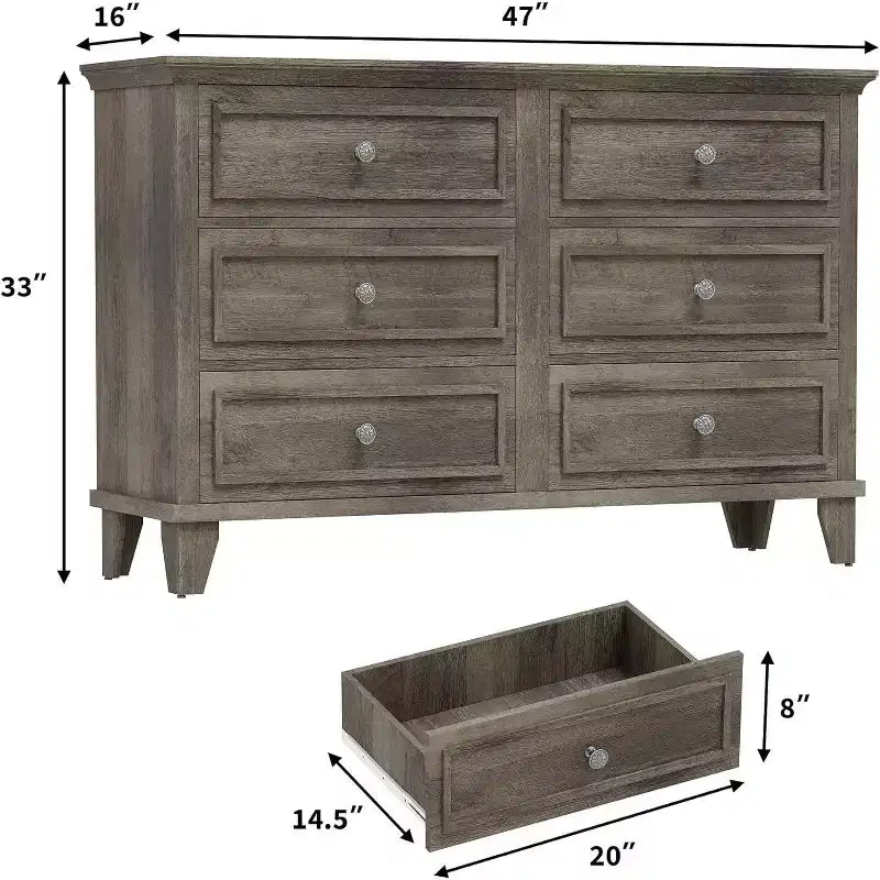 Commode à 6 tiroirs, Meuble de rangement en bois avec poignées métalliques, Commode large moderne et Meuble TV, pour Chambre à coucher, Salon, Entrée