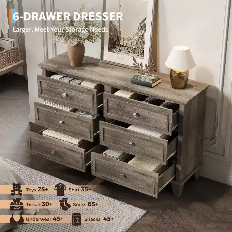 Commode à 6 tiroirs, Meuble de rangement en bois avec poignées métalliques, Commode large moderne et Meuble TV, pour Chambre à coucher, Salon, Entrée