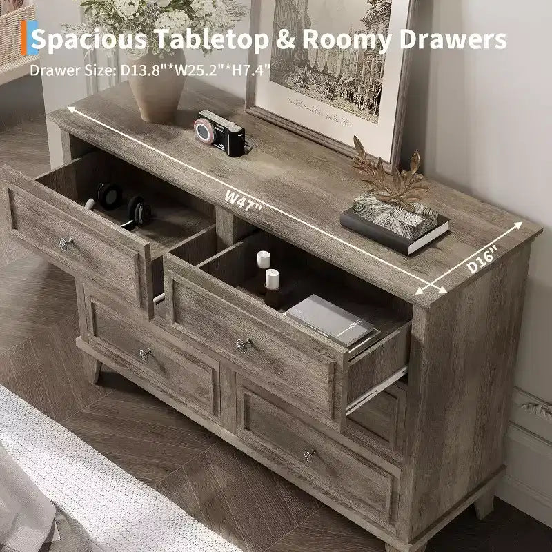 Commode à 6 tiroirs, Meuble de rangement en bois avec poignées métalliques, Commode large moderne et Meuble TV, pour Chambre à coucher, Salon, Entrée