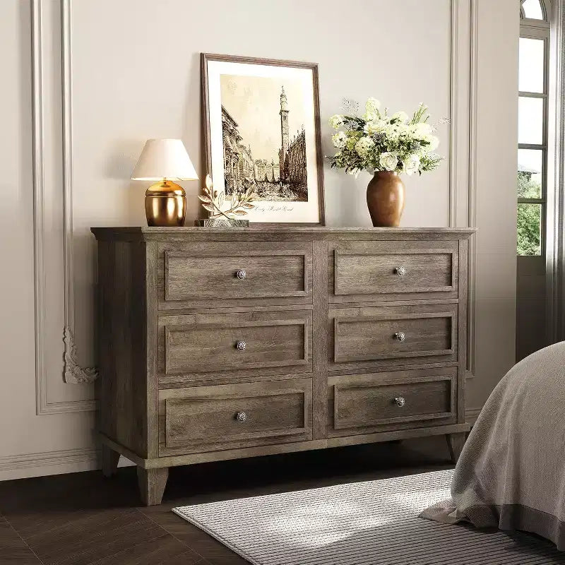 Commode à 6 tiroirs, Meuble de rangement en bois avec poignées métalliques, Commode large moderne et Meuble TV, pour Chambre à coucher, Salon, Entrée