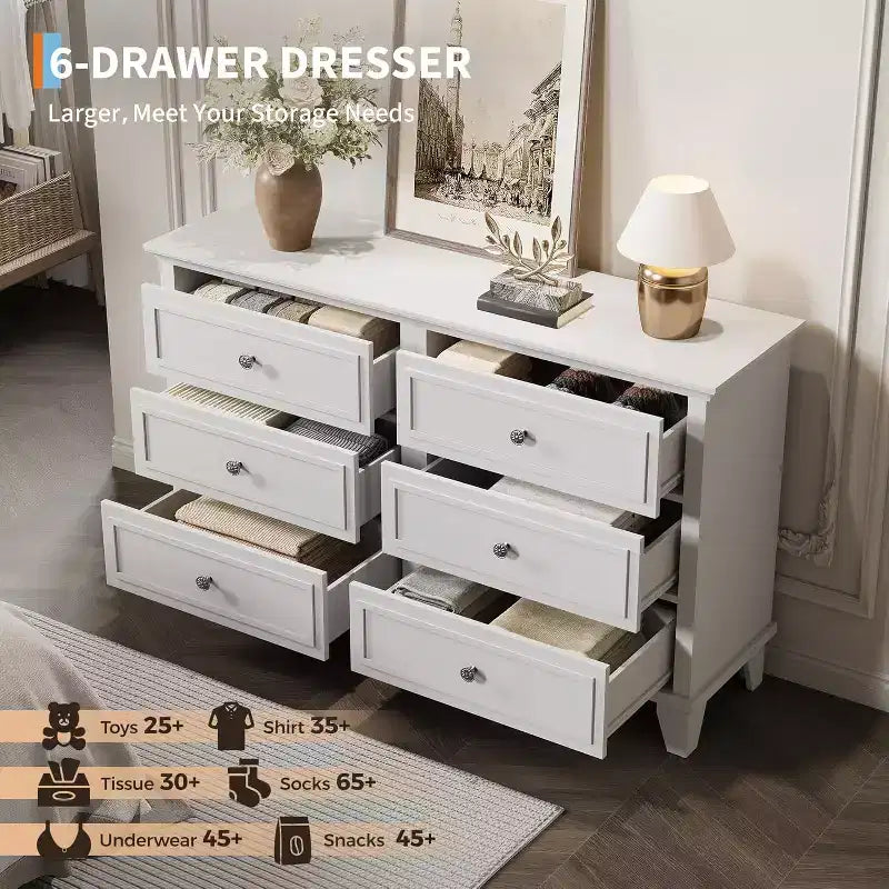 Commode à 6 tiroirs, Meuble de rangement en bois avec poignées métalliques, Commode large moderne et Meuble TV, pour Chambre à coucher, Salon, Entrée